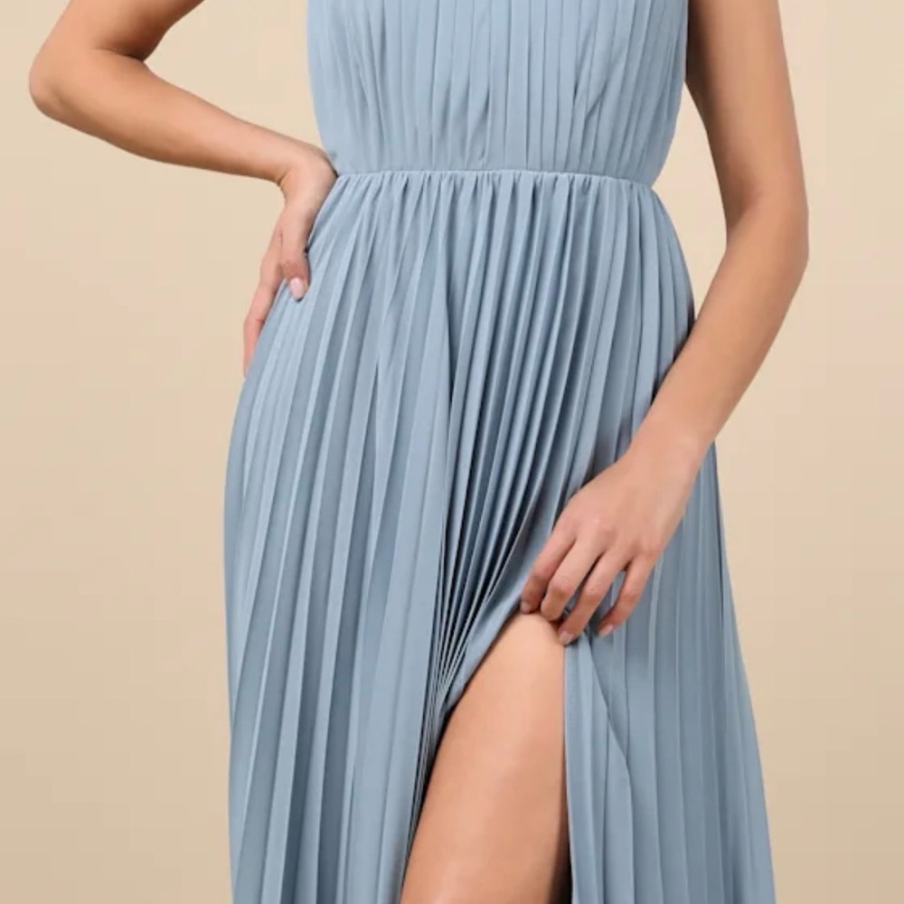 NWT Lulus Rylie Slate Blue Pleated Backless Maxi Dress - Picture 3 of 4